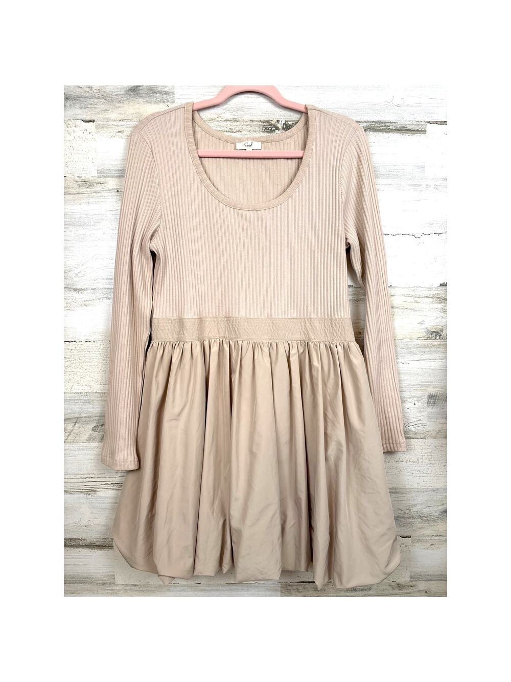 Easel Womens L Beighe Bubble Hem Mini Dress Boho Mixed Media Ribbed Knit NEW